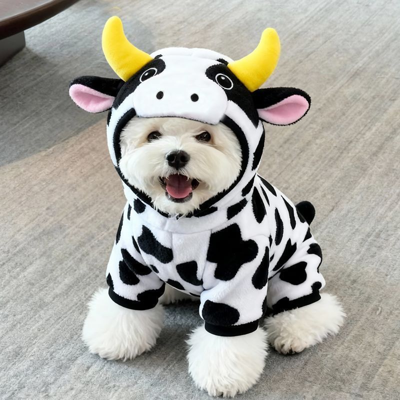 Dog Cow Outfit Adorable Pet Dress-Up Clothes with 3D Horns, Black White Spotted Dog Onesie
