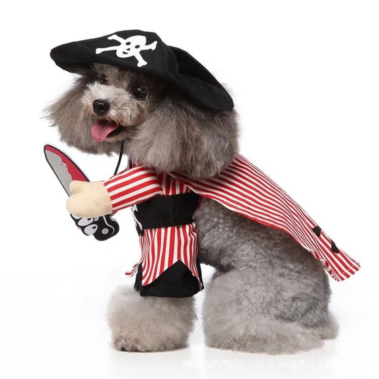 Halloween Pet Pirate Costume for Small Dogs Like Poodle Bichon, Funny Role-Playing Outfit with Hat and Prop