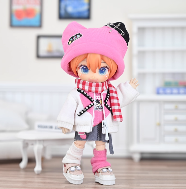 Trendy Sweet Pink Doll Outfit Set | Cat Ear Hat + Plaid Scarf + Patchwork Jacket Street Style Clothes for 1/12 BJD Dolls