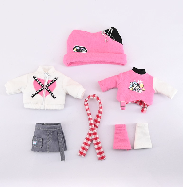 Trendy Sweet Pink Doll Outfit Set | Cat Ear Hat + Plaid Scarf + Patchwork Jacket Street Style Clothes for 1/12 BJD Dolls