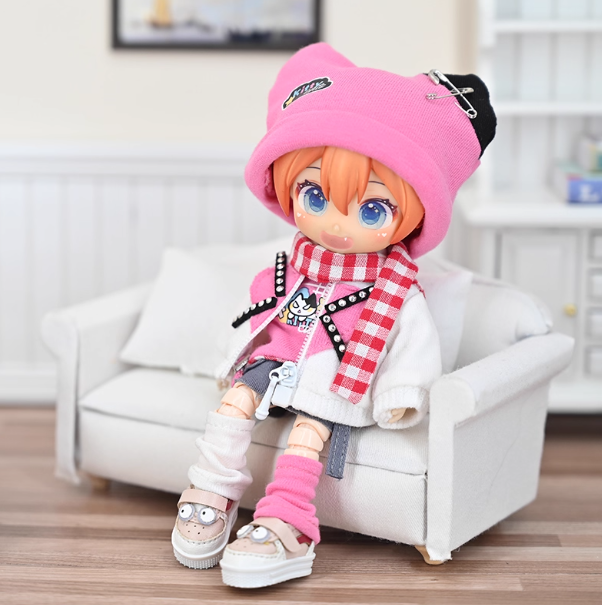 Trendy Sweet Pink Doll Outfit Set | Cat Ear Hat + Plaid Scarf + Patchwork Jacket Street Style Clothes for 1/12 BJD Dolls