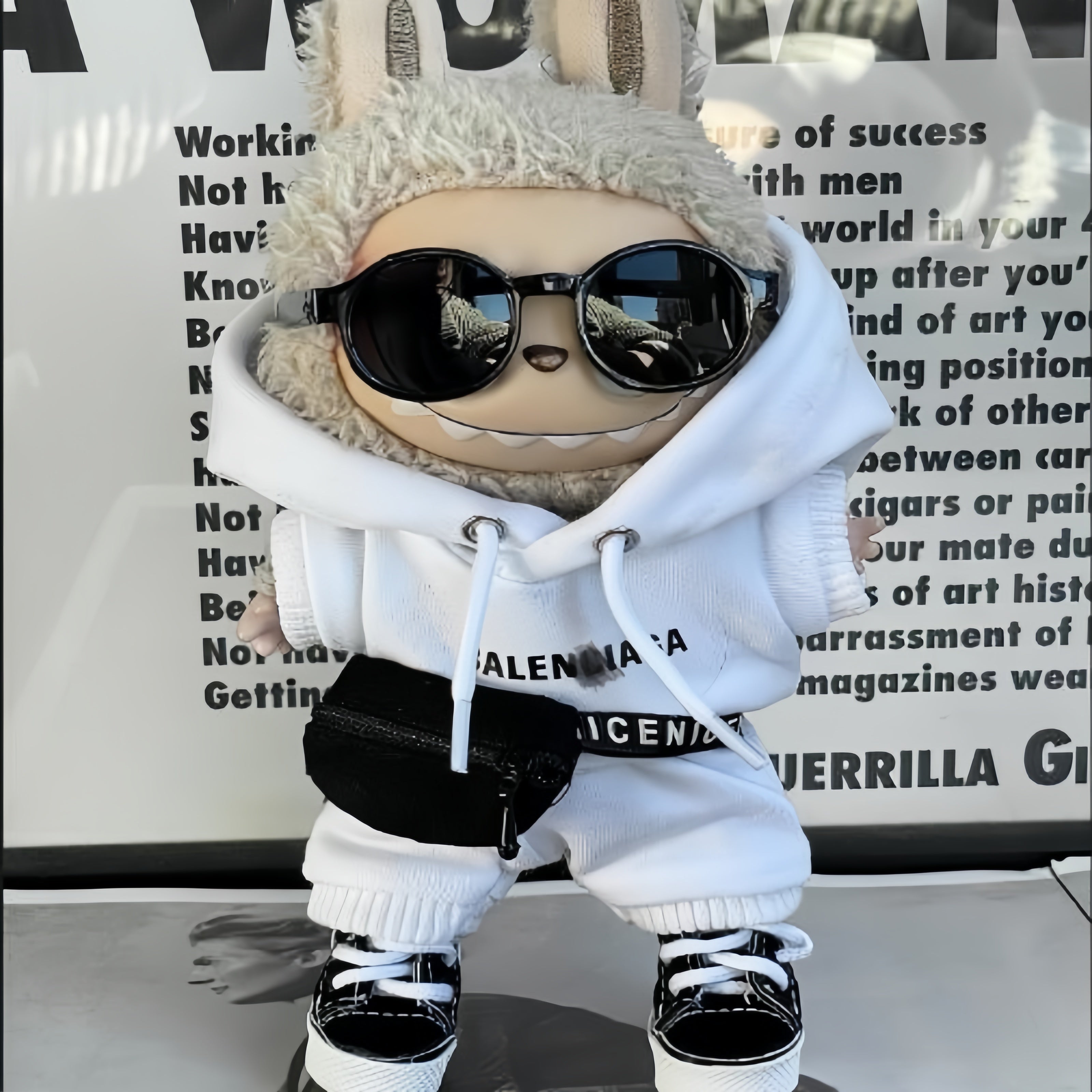 Streetwear Doll 5-Piece Outfit Set, Black & White Hoodie + Shorts + Trendy Shoes + Fanny Pack + Sunglasses, Fashion Doll Clothing