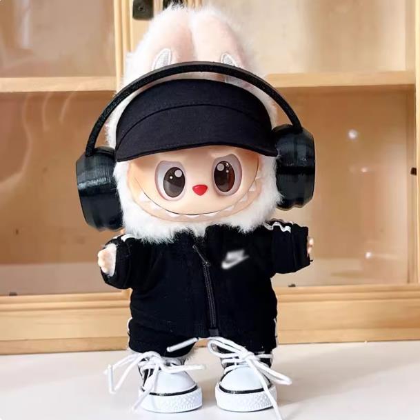 15-17cm Streetwear Doll Multi-Piece Outfit Set, Black Sportswear + Headphones + Glasses + Trendy Shoes, Fashion Doll Clothing Set