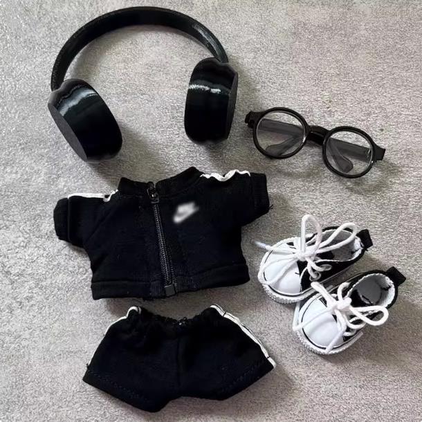 15-17cm Streetwear Doll Multi-Piece Outfit Set, Black Sportswear + Headphones + Glasses + Trendy Shoes, Fashion Doll Clothing Set