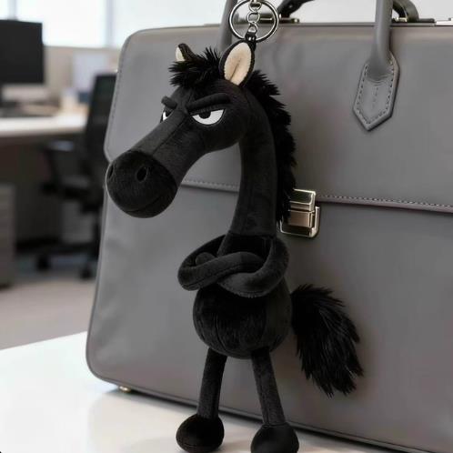 Lucky Cool Black Horse Plush Bag Pendant, Funny Expression Standing Doll