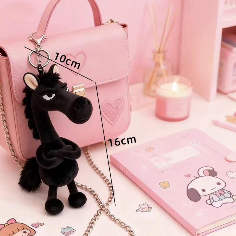 Lucky Cool Black Horse Plush Bag Pendant, Funny Expression Standing Doll