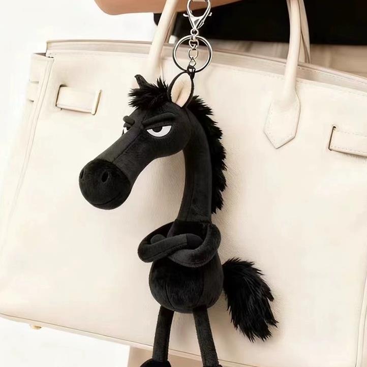 Lucky Cool Black Horse Plush Bag Pendant, Funny Expression Standing Doll