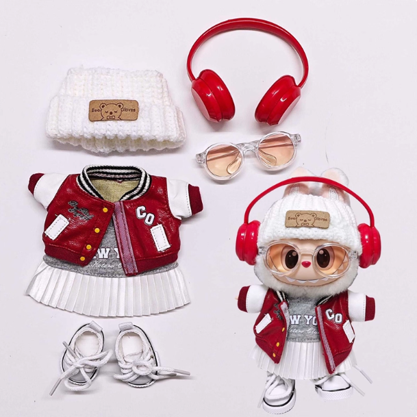 Hot Sale Trendy Doll Multi-Piece Outfit Set, Red & White Baseball Jacket + Pleated Skirt + Knitted Hat + Headphones + Sunglasses, Fashion Doll Clothing Set