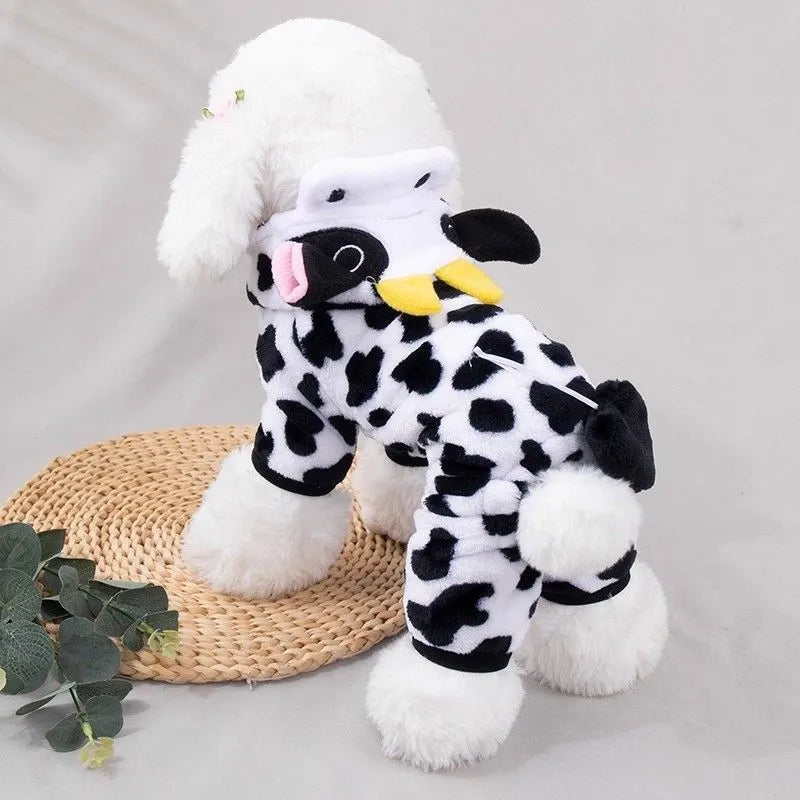 Dog Cow Outfit Adorable Pet Dress-Up Clothes with 3D Horns, Black White Spotted Dog Onesie