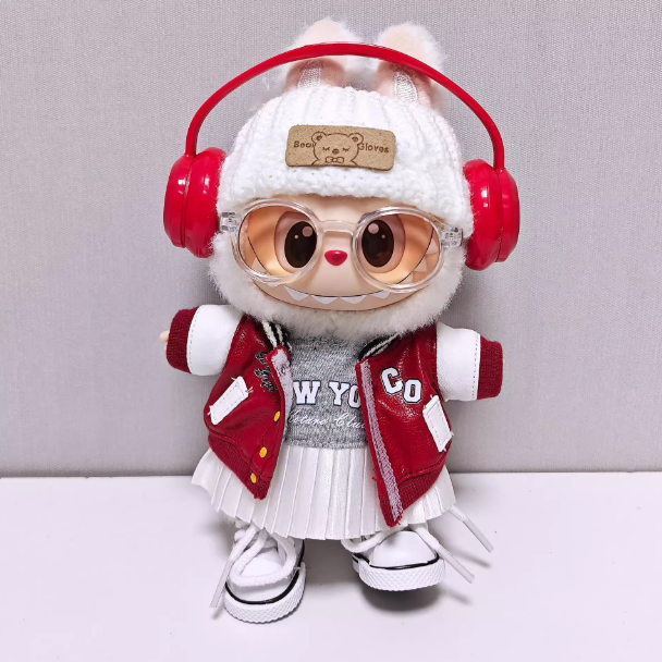 Hot Sale Trendy Doll Multi-Piece Outfit Set, Red & White Baseball Jacket + Pleated Skirt + Knitted Hat + Headphones + Sunglasses, Fashion Doll Clothing Set