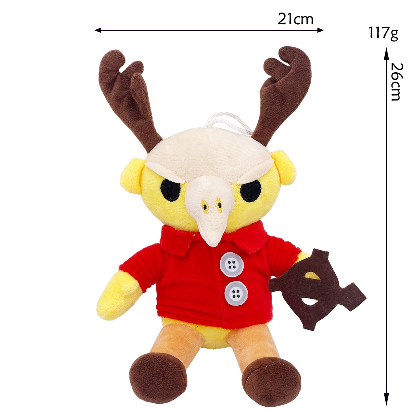 99Nights Plush Toy - Yellow Body Deer Antlers White Headpiece Long Bird Beak Red Shirt Mask Accessory Stuffed Doll with Hanging Loop