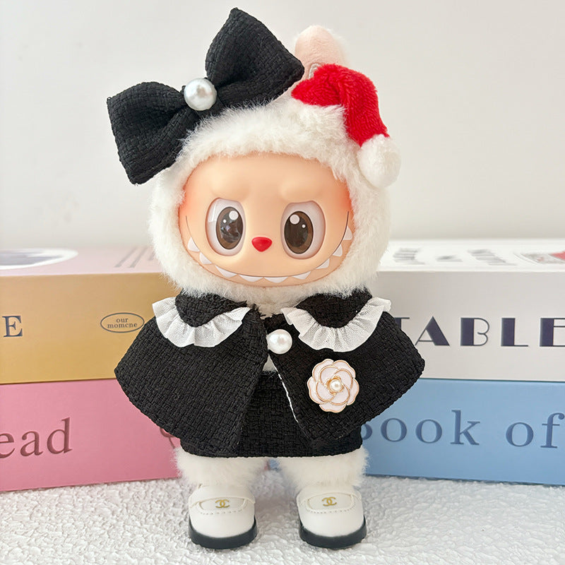 17cm Doll Clothes 5-Piece Set - Luxury Tweed Cape Outfit with Pearl & Camellia Details, Compatible with Labubu Dolls, Doll Accessories