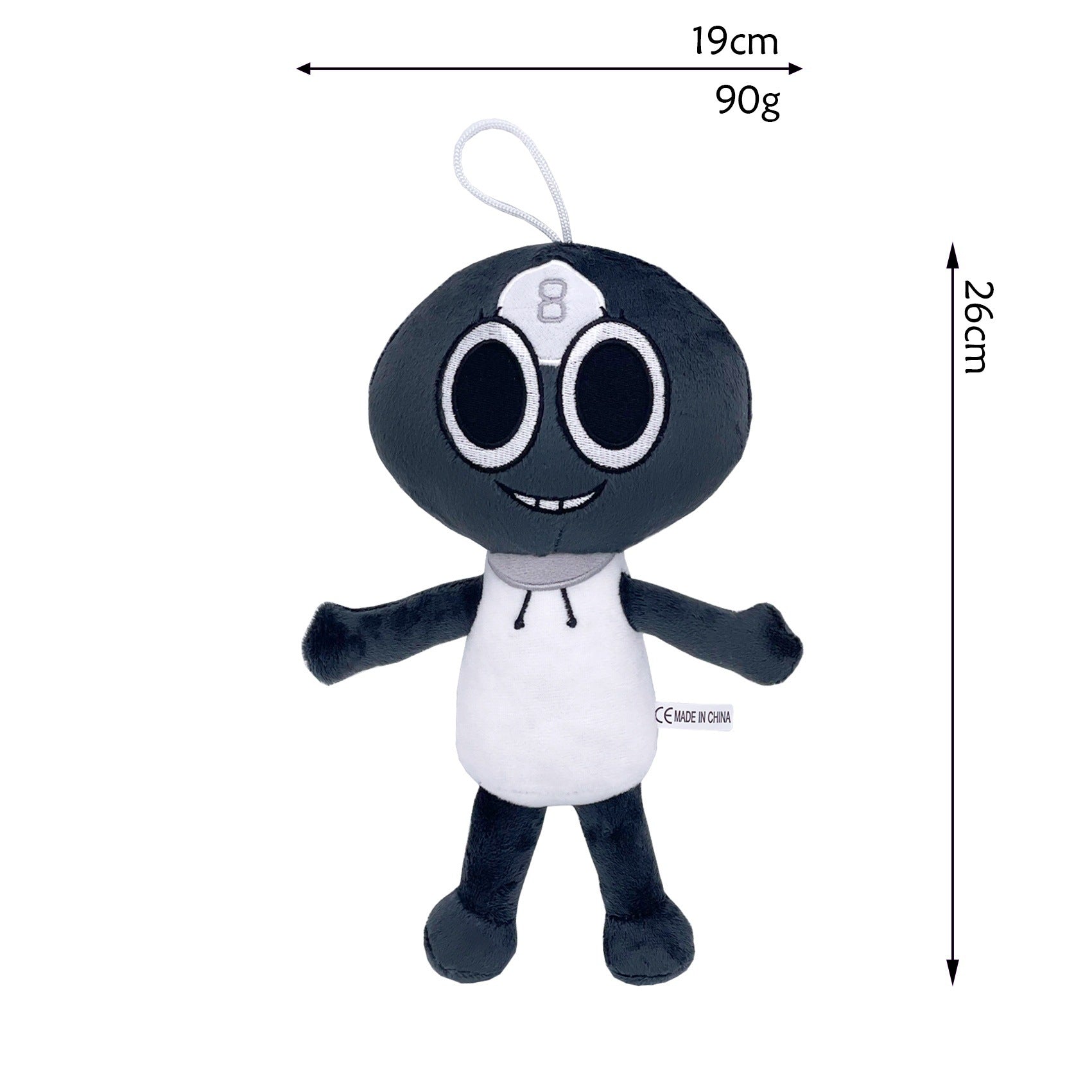 Dandy’s World Plush - Black & White Character with Number 8 Decor, 26cm Weirdcore Stuffed Toy with Hanging Loop