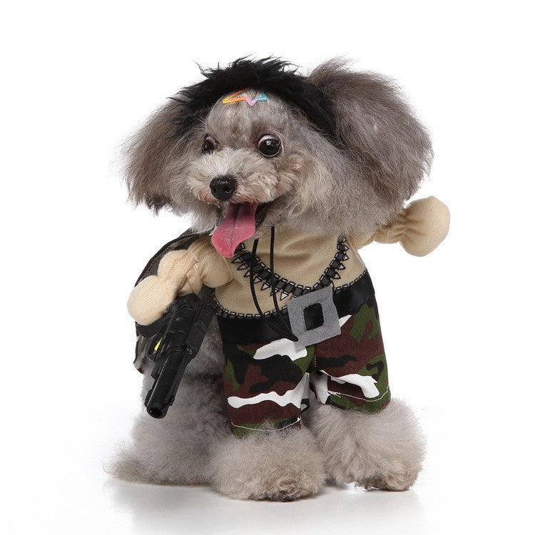 Funny Standing Pet Soldier Costume for Small Dogs Like Poodle Bichon, Camouflage Soldier Role-Playing Outfit with Gun Prop