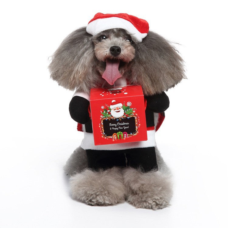 Funny Standing Pet Santa Costume for Small Dogs Like Poodle Bichon, Christmas-Themed Role-Playing Outfit with Gift Box Prop