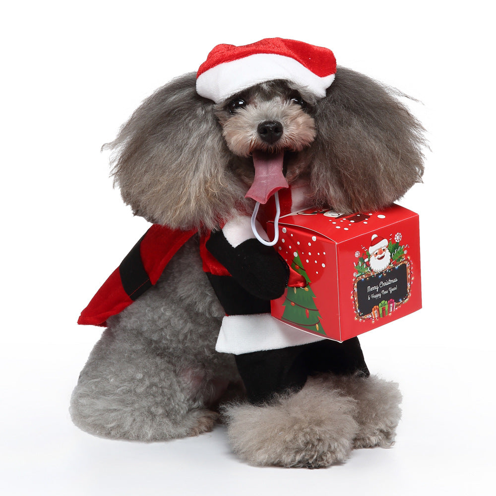 Funny Standing Pet Santa Costume for Small Dogs Like Poodle Bichon, Christmas-Themed Role-Playing Outfit with Gift Box Prop