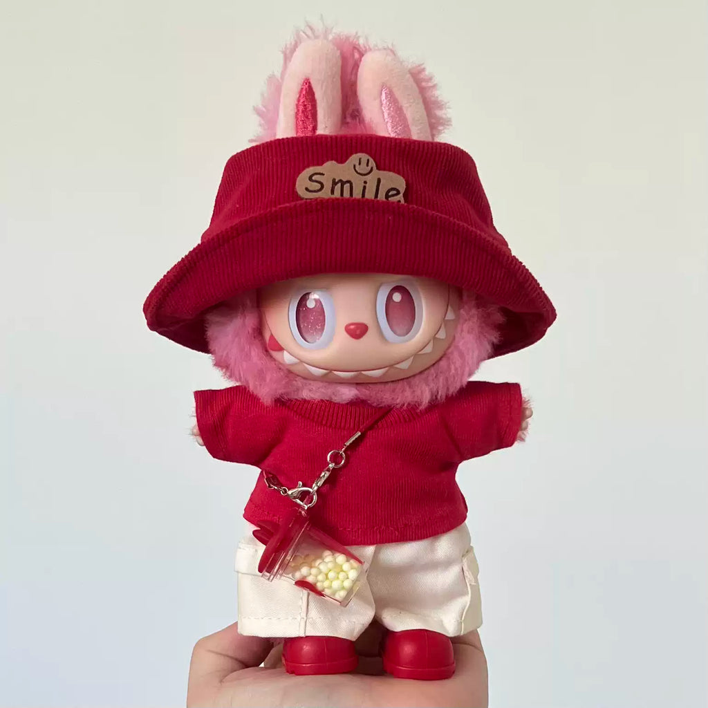 Trendy Pink Plush Doll Outfit Set, Red Smile Bunny Ear Hat + Sweatshirt + Cargo Pants + Accessories, Cute Doll Clothing
