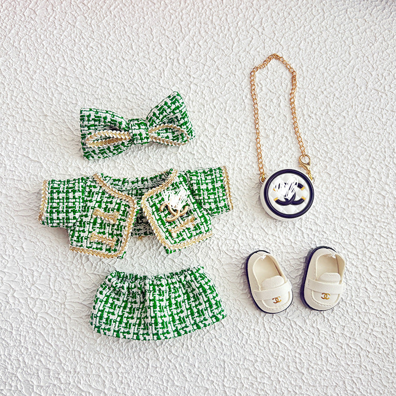 17cm Doll Clothes 5-Piece Set - Luxury Tweed Outfit with Bow, Bag & Shoes for Labubu Generation 1/2/3, Doll Accessories