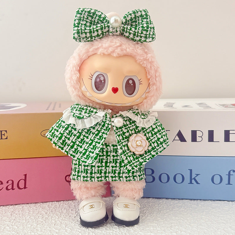 17cm Doll Clothes 5-Piece Set - Luxury Tweed Cape Outfit with Pearl & Camellia Details, Compatible with Labubu Dolls, Doll Accessories