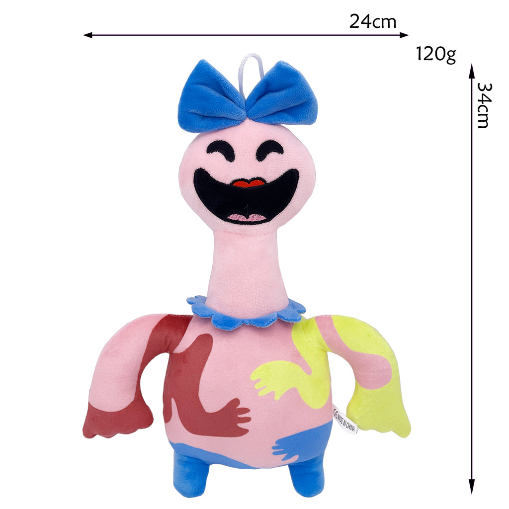 Nightmare Critters Poppy 4 Pink Plush Doll - Big Smile Blue Bow Long Neck Color Block Monster with Hanging Loop