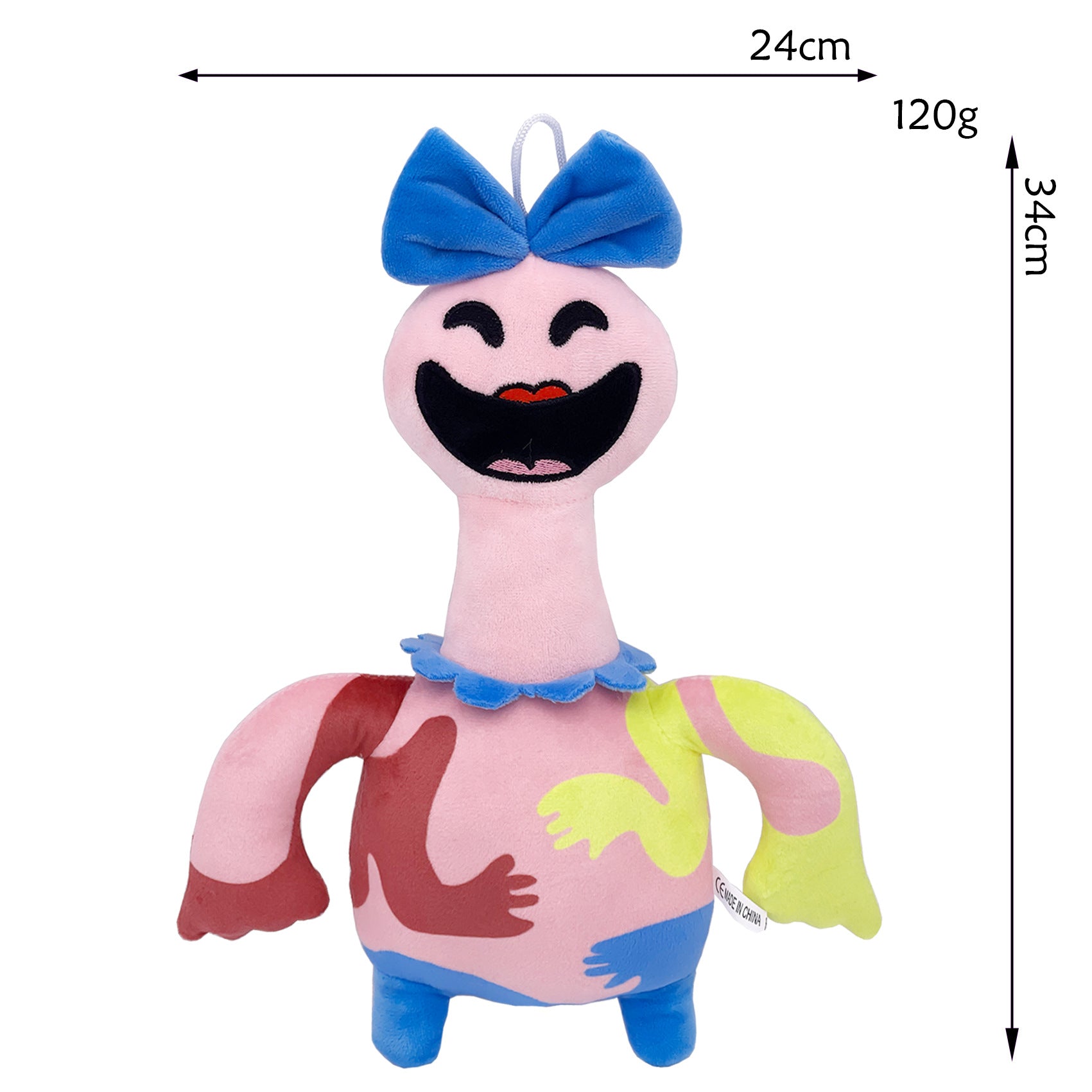 Nightmare Critters Poppy 4 Pink Plush Doll - Big Smile Blue Bow Long Neck Color Block Monster with Hanging Loop