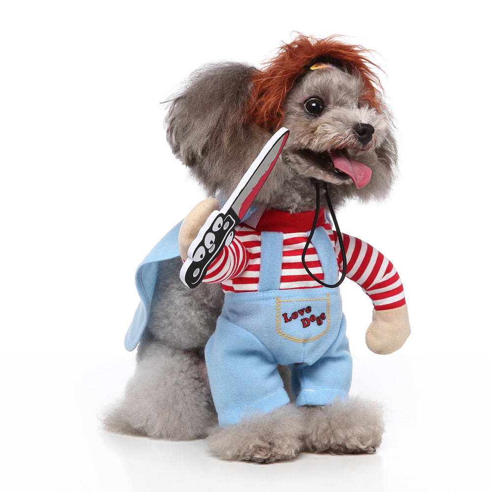 Funny Standing Pet Chucky Costume for Small Dogs Like Poodle Bichon, Thriller Role-Playing Outfit with Dagger Prop