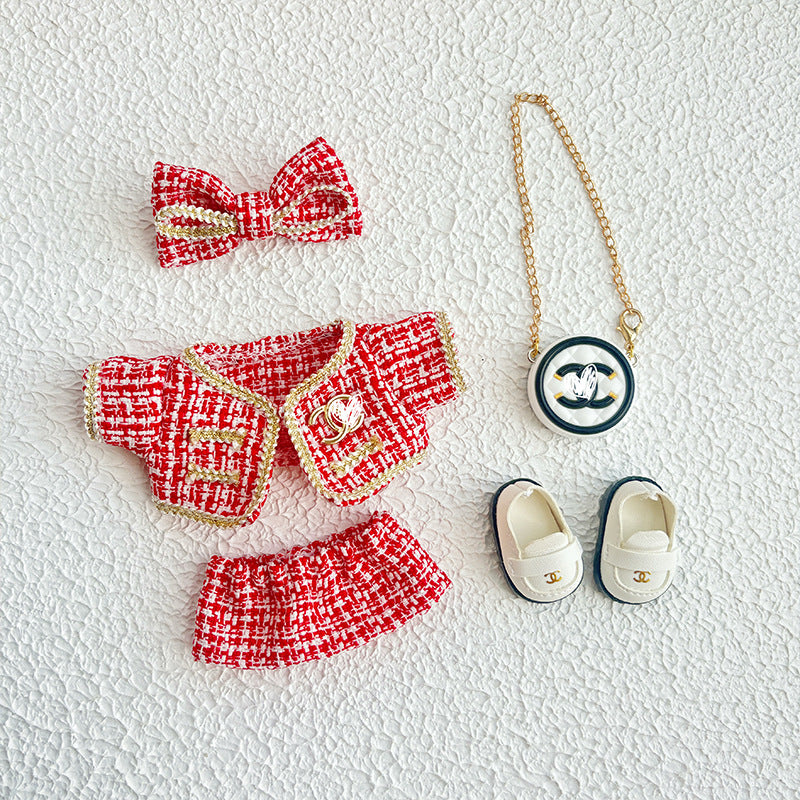17cm Doll Clothes 5-Piece Set - Luxury Tweed Outfit with Bow, Bag & Shoes for Labubu Generation 1/2/3, Doll Accessories