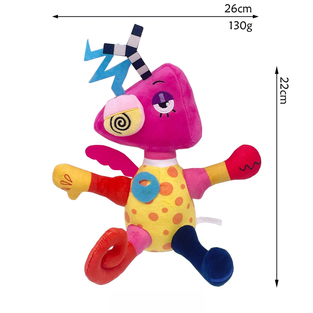 The Amazing Digital Circus Plush Toy - Multi-Color Pink Head Spiral Eye Purple Pupil Colorful Patchwork Body Stuffed Doll with Hanging Loop