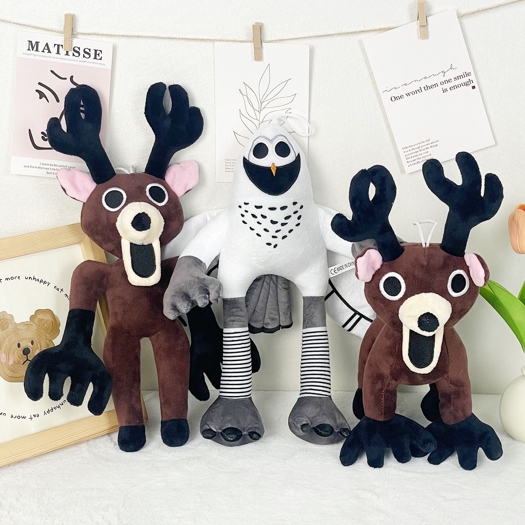 99Nights Dark Brown Humanoid Deer Plush Doll - Black Antlers Pink Ears Big Black Eyes Open Mouth Collectible Toy with Hanging Loop