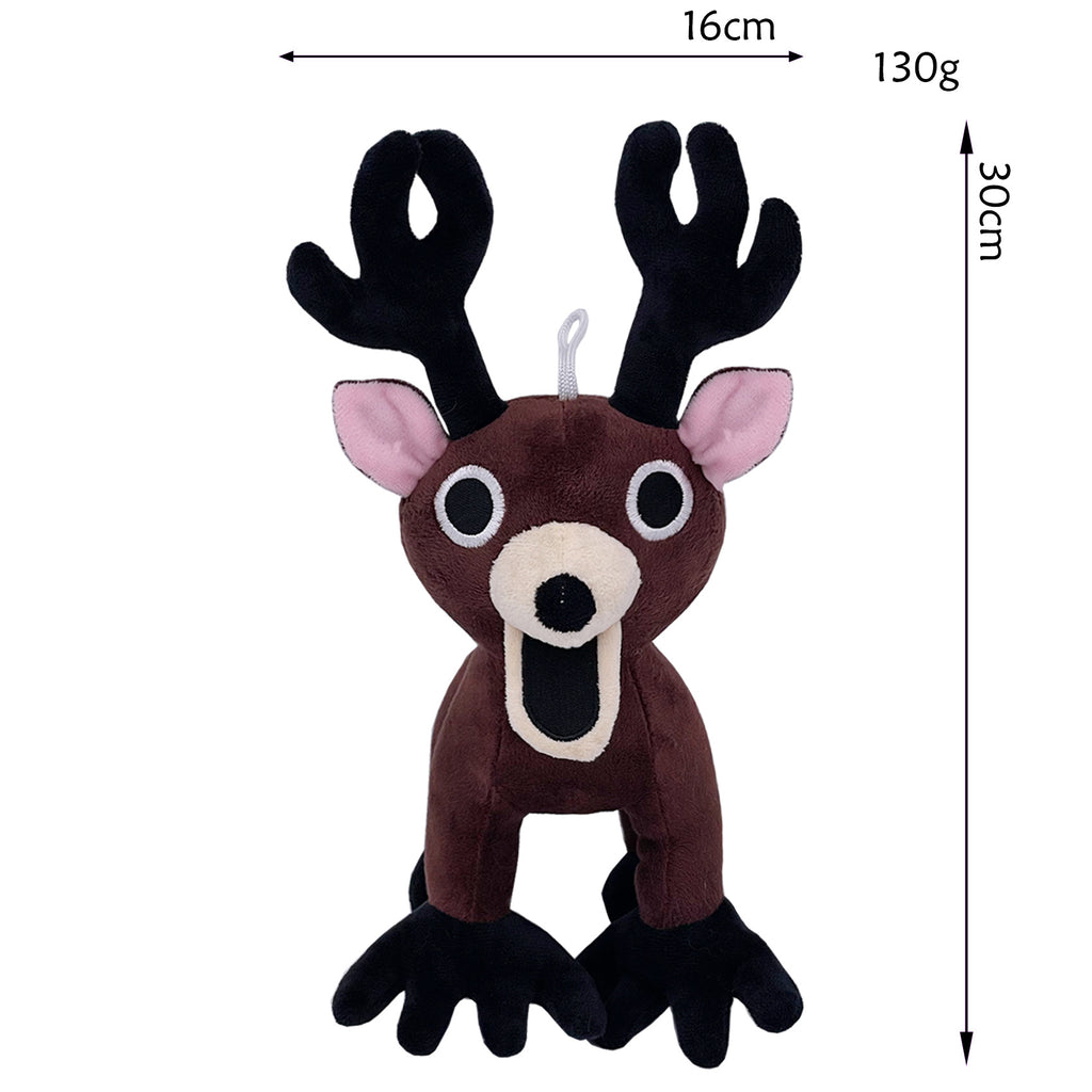 99Nights Dark Brown Deer Plush Doll - Black Antlers Pink Ears Big Eyes Open Mouth Collectible Toy with Hanging Loop"