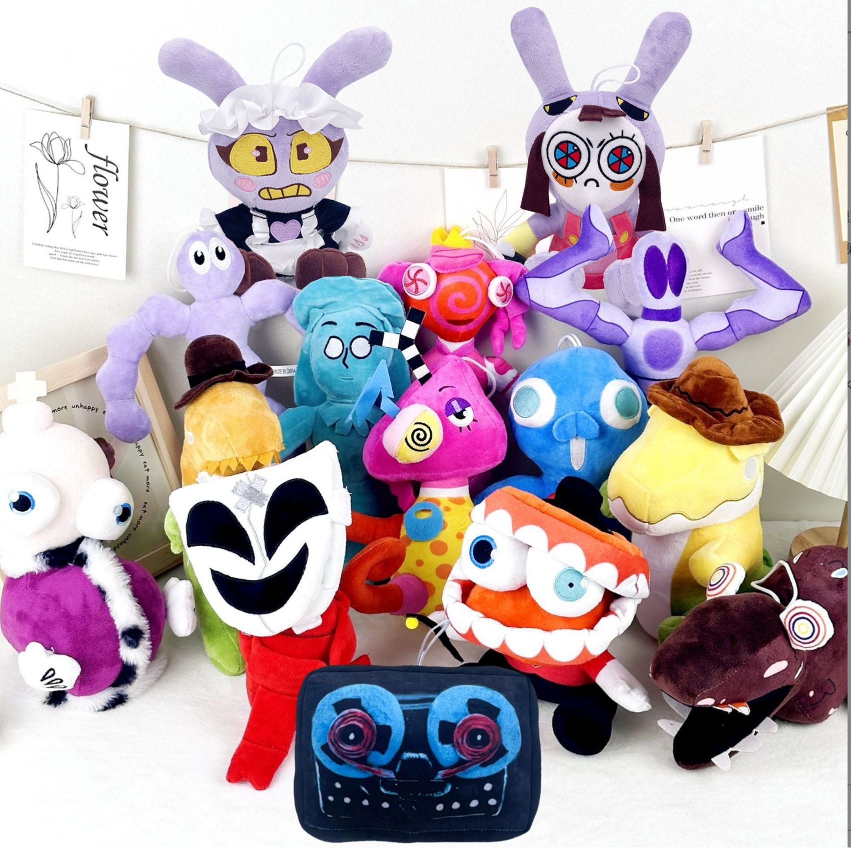 The Amazing Digital Circus Jelly Person Plush Toy - Teal Ruffled Hat Big White Eyes with Lashes Ruffled Collar Dress Stuffed Doll with Hanging Loop