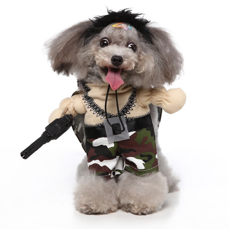 Funny Standing Pet Soldier Costume for Small Dogs Like Poodle Bichon, Camouflage Soldier Role-Playing Outfit with Gun Prop