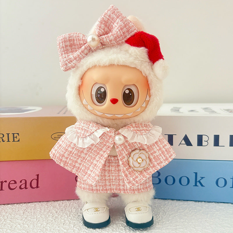 17cm Doll Clothes 5-Piece Set - Luxury Tweed Cape Outfit with Pearl & Camellia Details, Compatible with Labubu Dolls, Doll Accessories