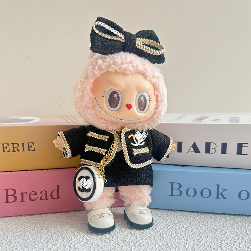 17cm Doll Clothes 5-Piece Set - Luxury Tweed Outfit with Bow, Bag & Shoes for Labubu Generation 1/2/3, Doll Accessories