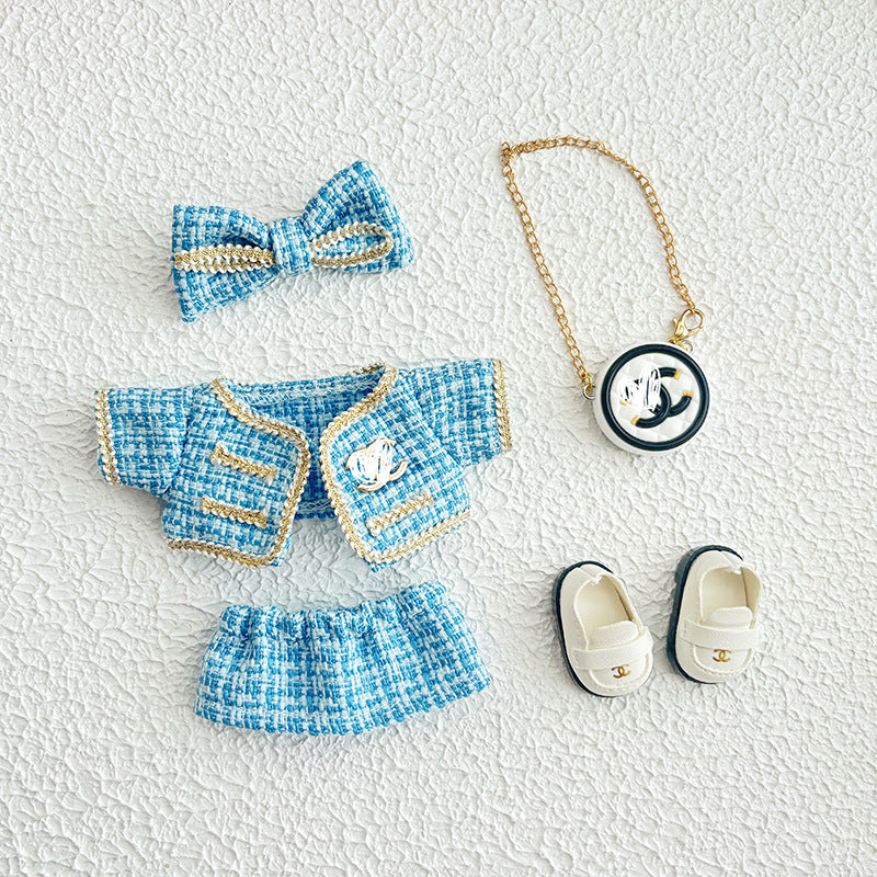 17cm Doll Clothes 5-Piece Set - Luxury Tweed Outfit with Bow, Bag & Shoes for Labubu Generation 1/2/3, Doll Accessories