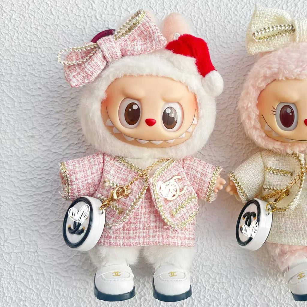 17cm Doll Clothes 5-Piece Set - Luxury Tweed Outfit with Bow, Bag & Shoes for Labubu Generation 1/2/3, Doll Accessories