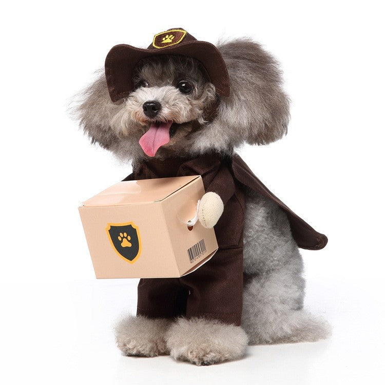 Funny Standing Pet Courier Costume for Small Dogs Like Poodle Bichon, Courier Role-Playing Outfit with Parcel Box Prop