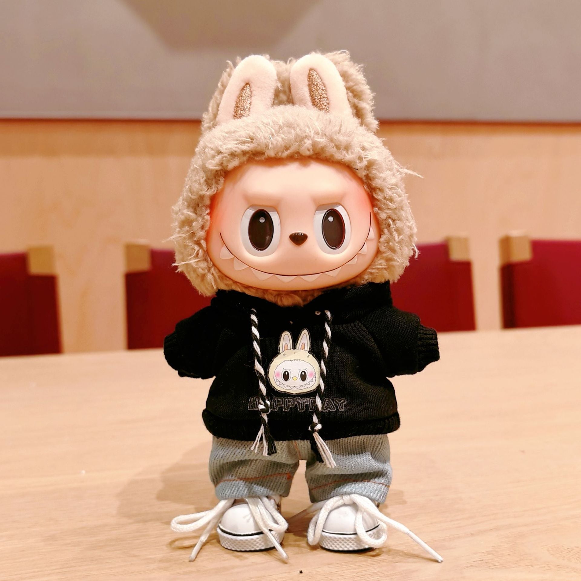 Trendy Doll Two-Piece Outfit, Black Rabbit Element Hoodie + Denim Pants, Cute Doll Clothing Set