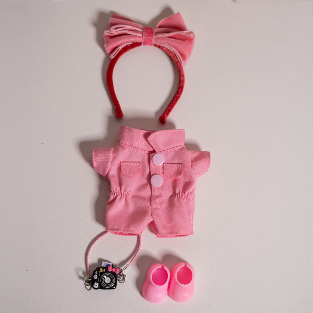 Doll Clothing For 17cm dolls Doll Fashion Onesie Set - 4 Pieces (Bow Hair Accessory, Onesie, Shoes, Camera)