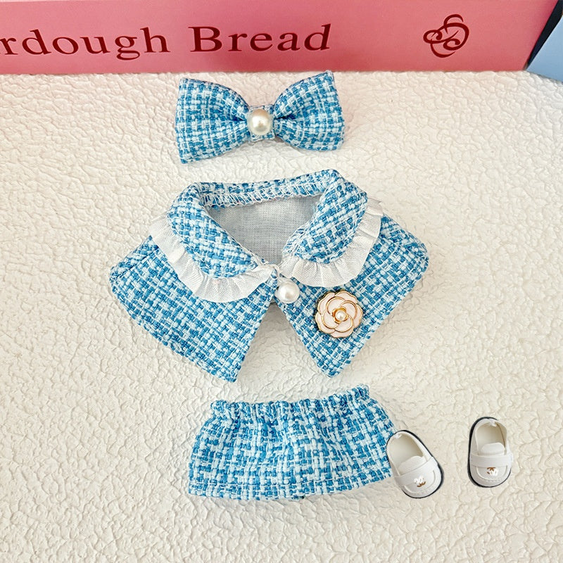 17cm Doll Clothes 5-Piece Set - Luxury Tweed Cape Outfit with Pearl & Camellia Details, Compatible with Labubu Dolls, Doll Accessories