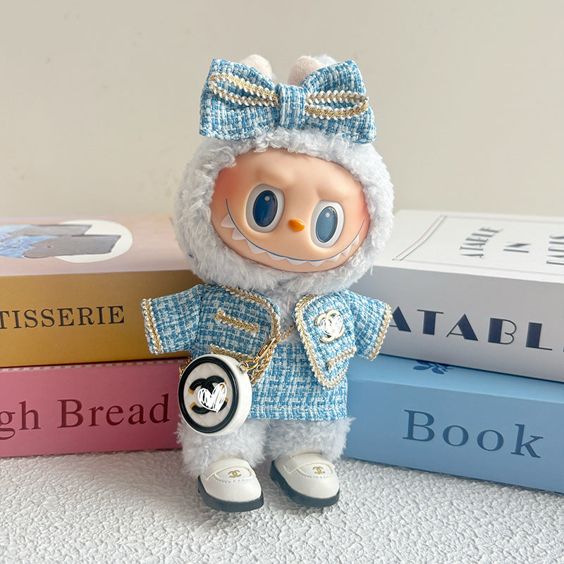 17cm Doll Clothes 5-Piece Set - Luxury Tweed Outfit with Bow, Bag & Shoes for Labubu Generation 1/2/3, Doll Accessories