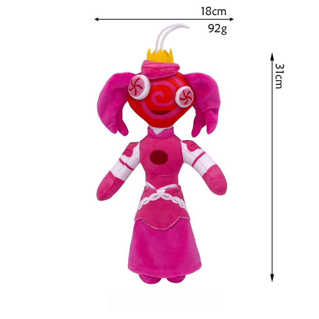 The Amazing Digital Circus Plush Toy - Pink Double Ponytails Red Swirl Head Yellow Crown Pink Outfit Stuffed Doll with Hanging Loop
