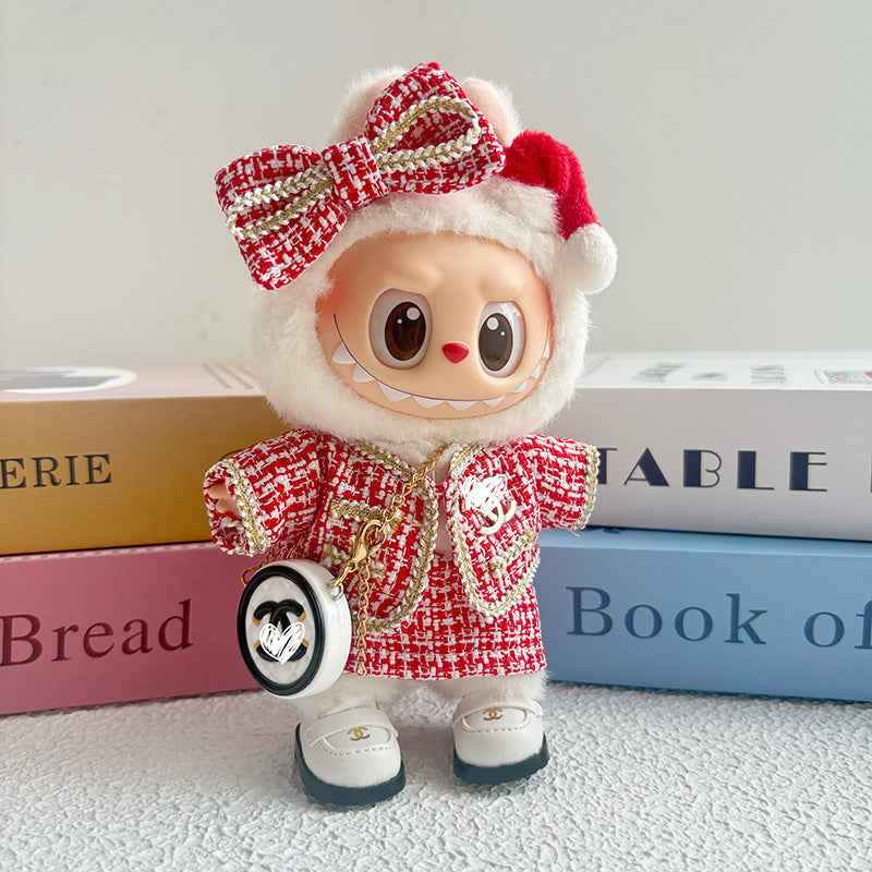 17cm Doll Clothes 5-Piece Set - Luxury Tweed Outfit with Bow, Bag & Shoes for Labubu Generation 1/2/3, Doll Accessories