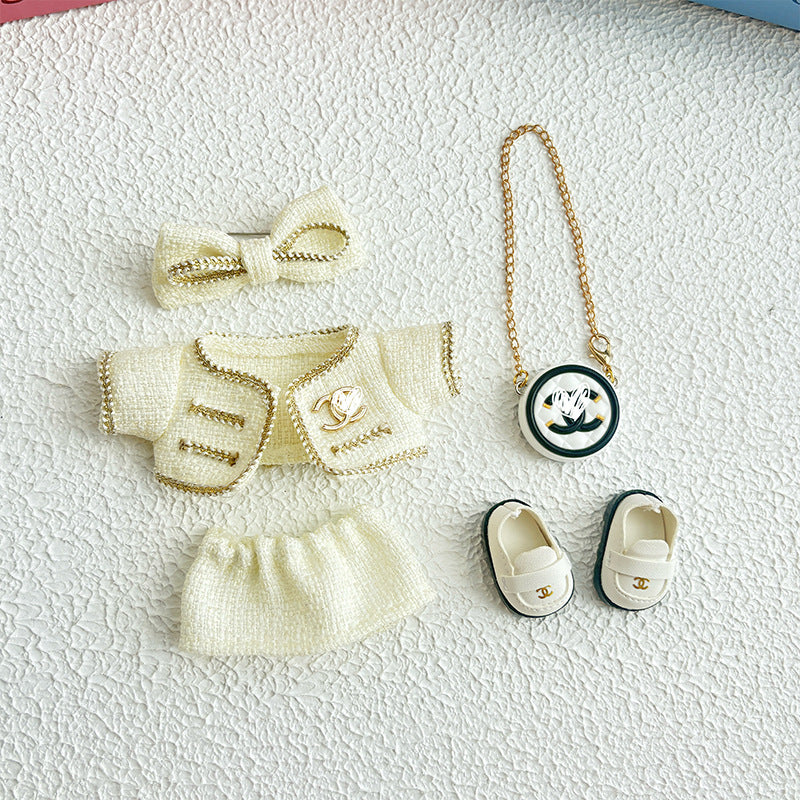 17cm Doll Clothes 5-Piece Set - Luxury Tweed Outfit with Bow, Bag & Shoes for Labubu Generation 1/2/3, Doll Accessories