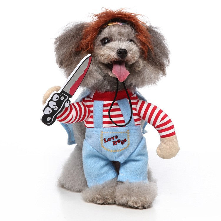 Funny Standing Pet Chucky Costume for Small Dogs Like Poodle Bichon, Thriller Role-Playing Outfit with Dagger Prop