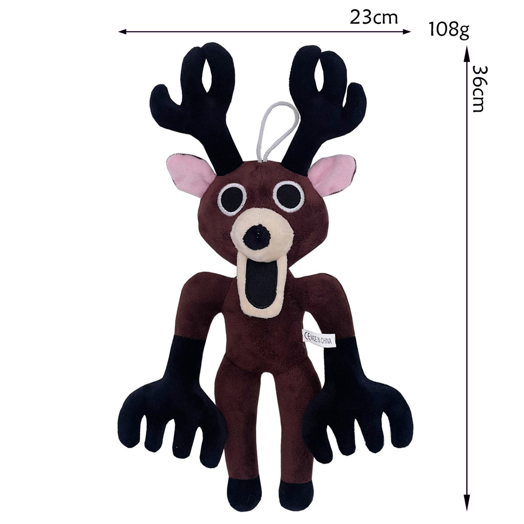 99Nights Dark Brown Humanoid Deer Plush Doll - Black Antlers Pink Ears Big Black Eyes Open Mouth Collectible Toy with Hanging Loop