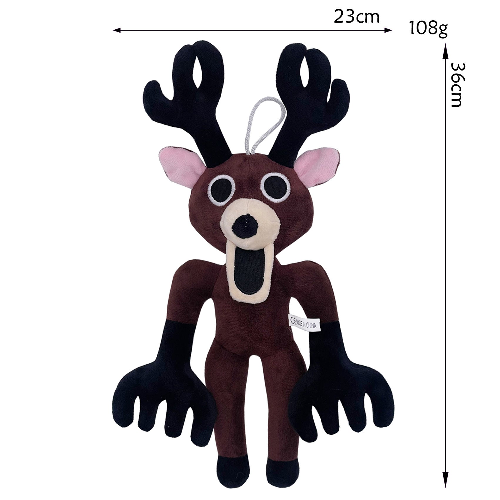 99Nights Dark Brown Humanoid Deer Plush Doll - Black Antlers Pink Ears Big Black Eyes Open Mouth Collectible Toy with Hanging Loop