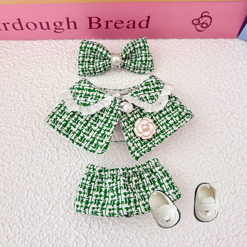 17cm Doll Clothes 5-Piece Set - Luxury Tweed Cape Outfit with Pearl & Camellia Details, Compatible with Labubu Dolls, Doll Accessories