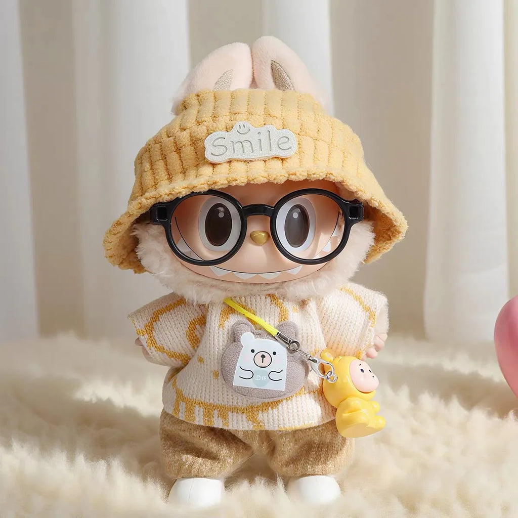 Kawaii Doll Outfit 5-Piece Set for 17cm Dolls | Cute Smile Bucket Hat & Bear Sweater, Pastel Fashion, Cross-Border Bestseller