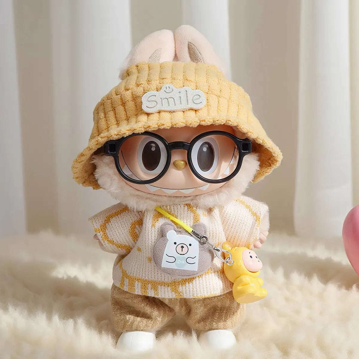 Kawaii Doll Outfit 5-Piece Set for 17cm Dolls | Cute Smile Bucket Hat & Bear Sweater, Pastel Fashion, Cross-Border Bestseller